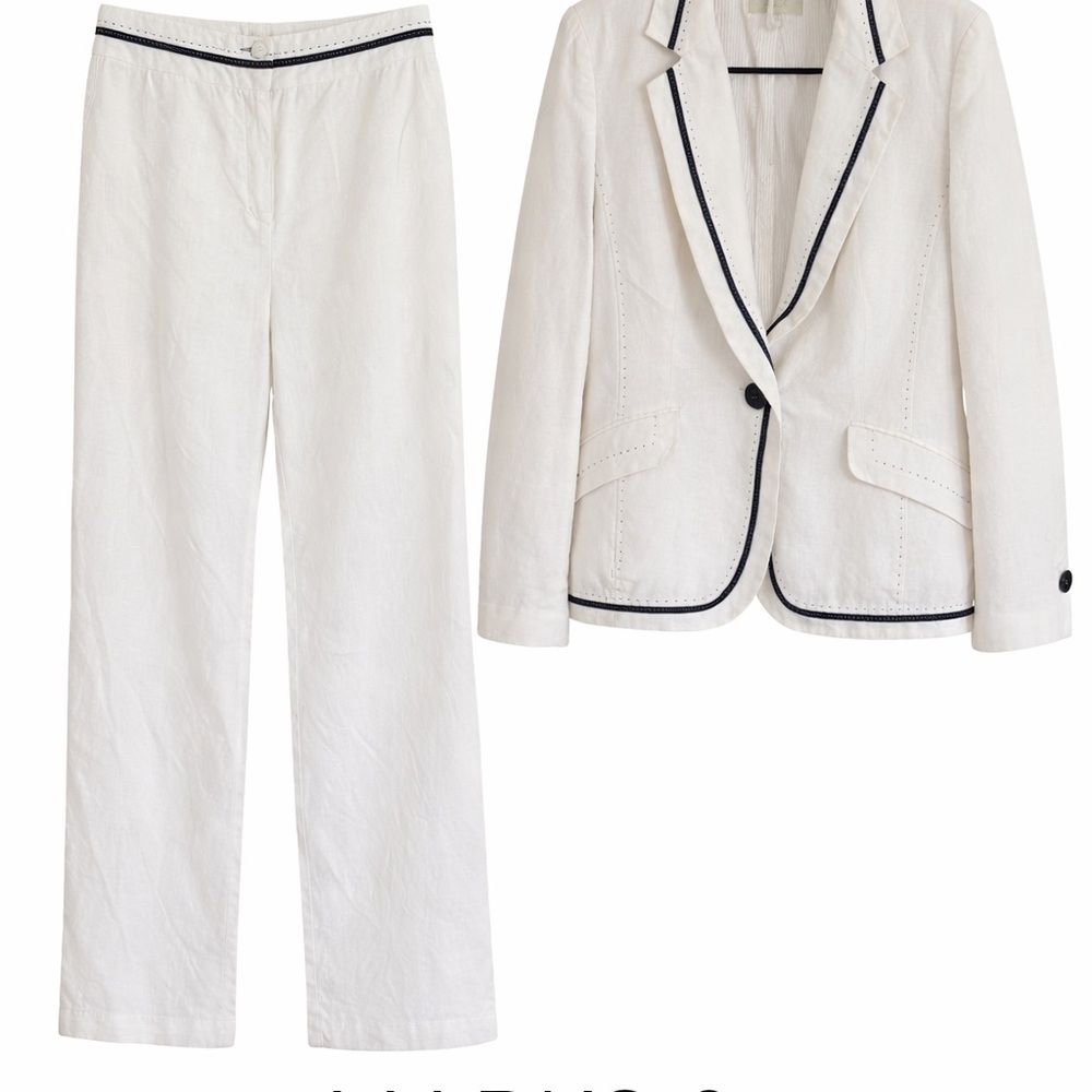 Marks & Spencer Cream Linen-Blend Blazer and Wide-Leg Pants with Black Piping